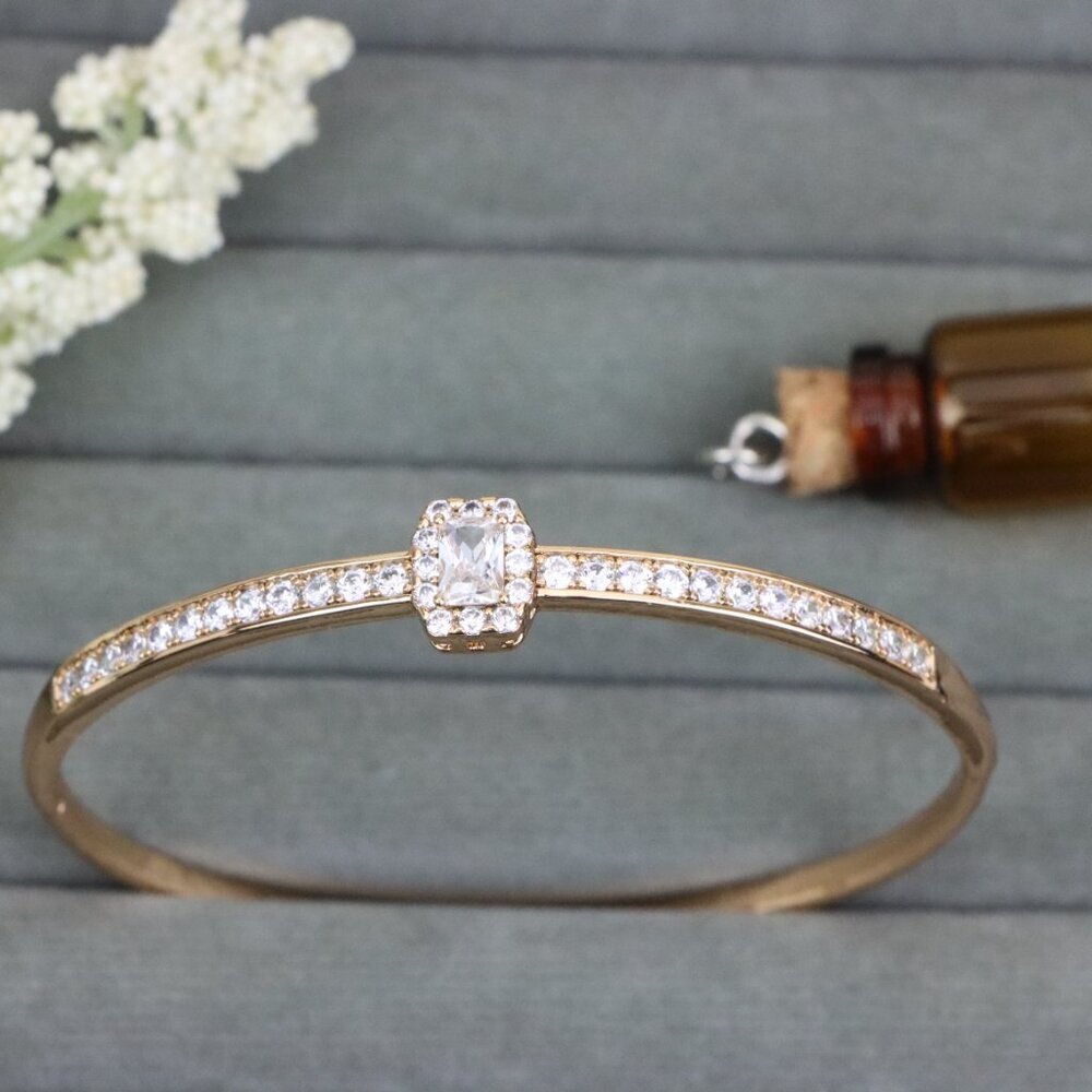 Rose Gold Bangle with Square Center Stone and CZ Band, XPBL0541